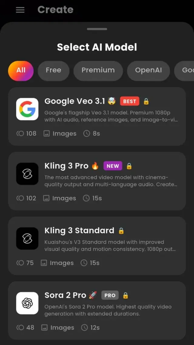 VIBE AI video generator app — AI model selection screen on iPhone