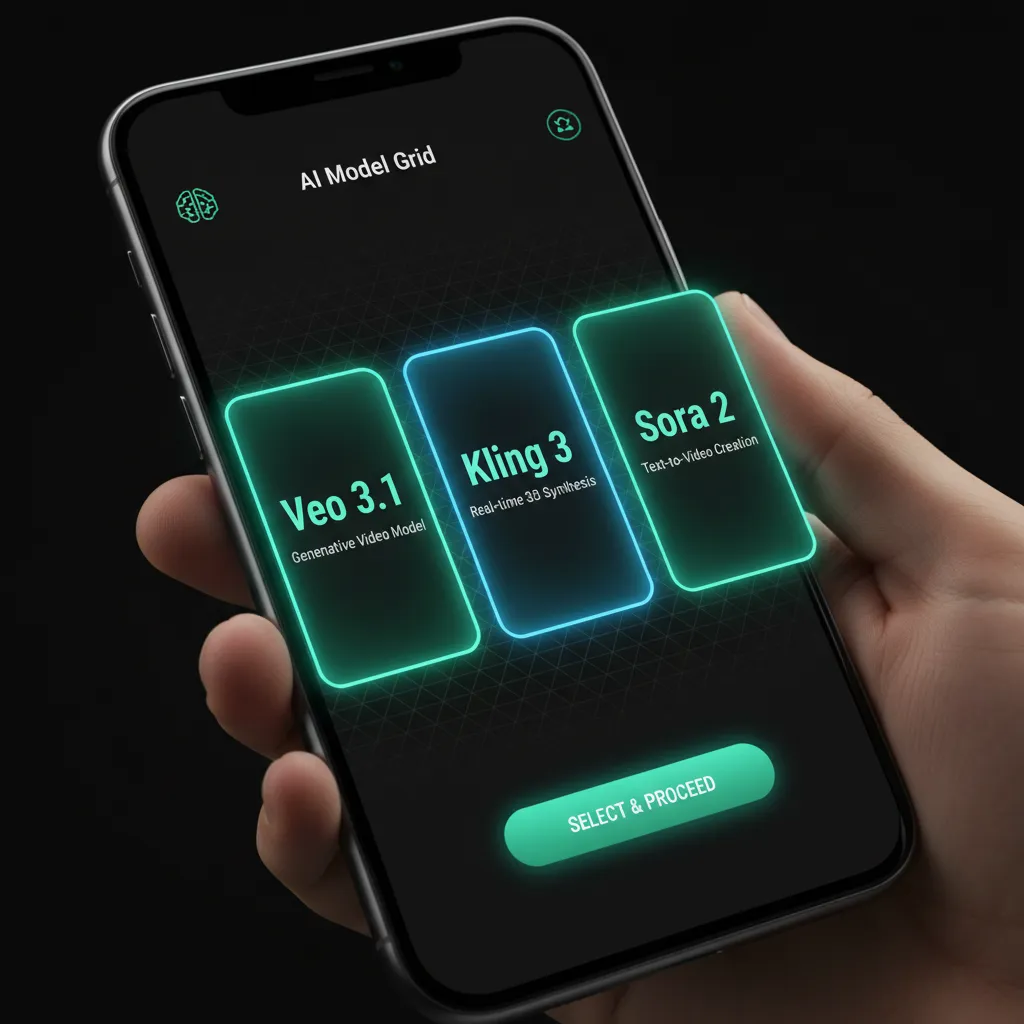 VIBE app AI model selection screen showing Google Veo 3.1, Kling 3, and Sora 2