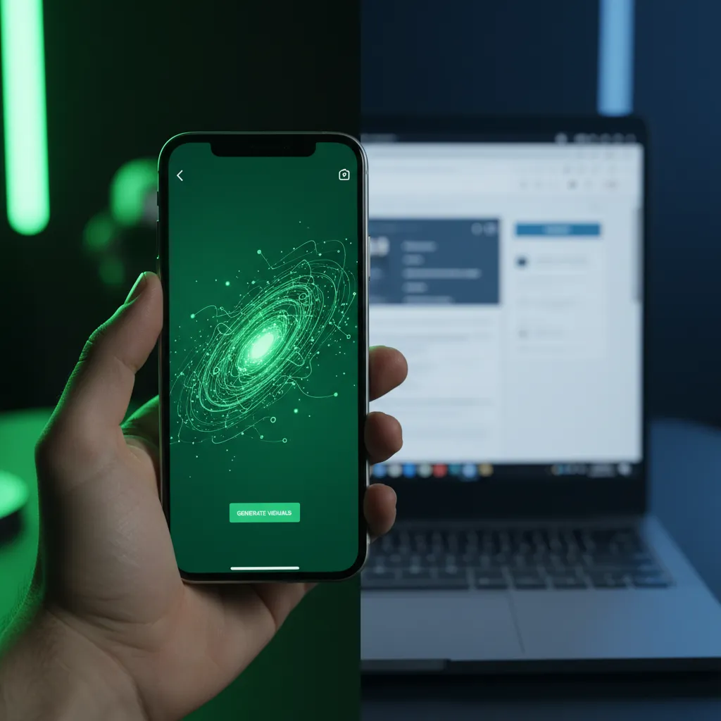 VIBE AI video generator app on iPhone versus web-based AI video tools on laptop — mobile wins